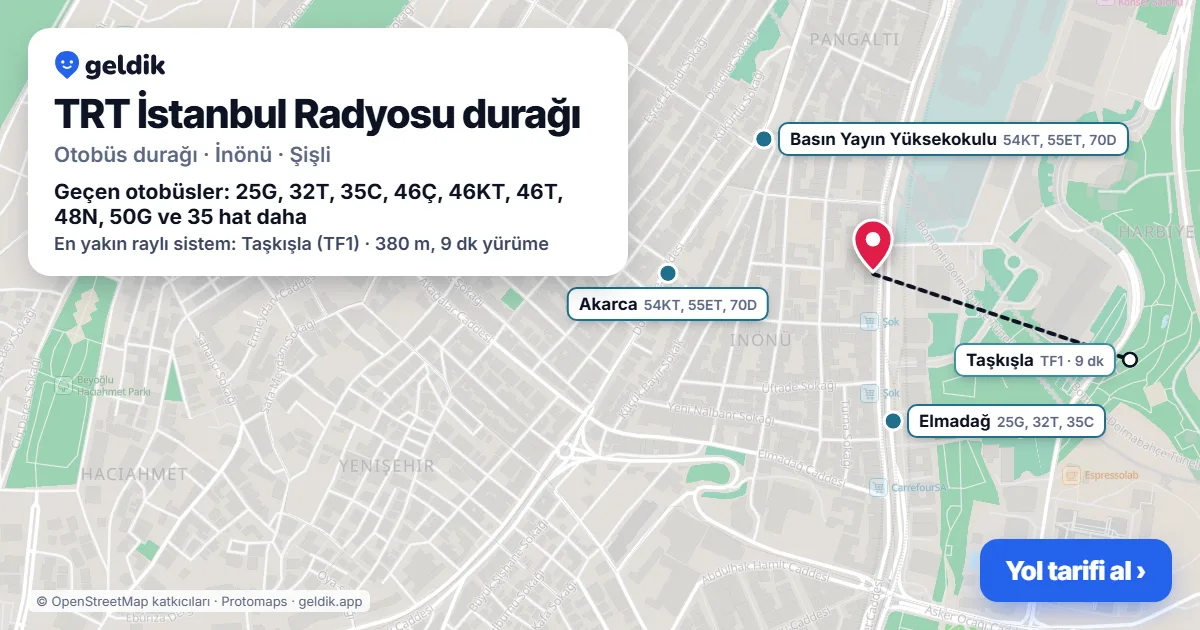 TRT İstanbul Radyosu otobüs durağı haritada: konumu ve yakındaki duraklar