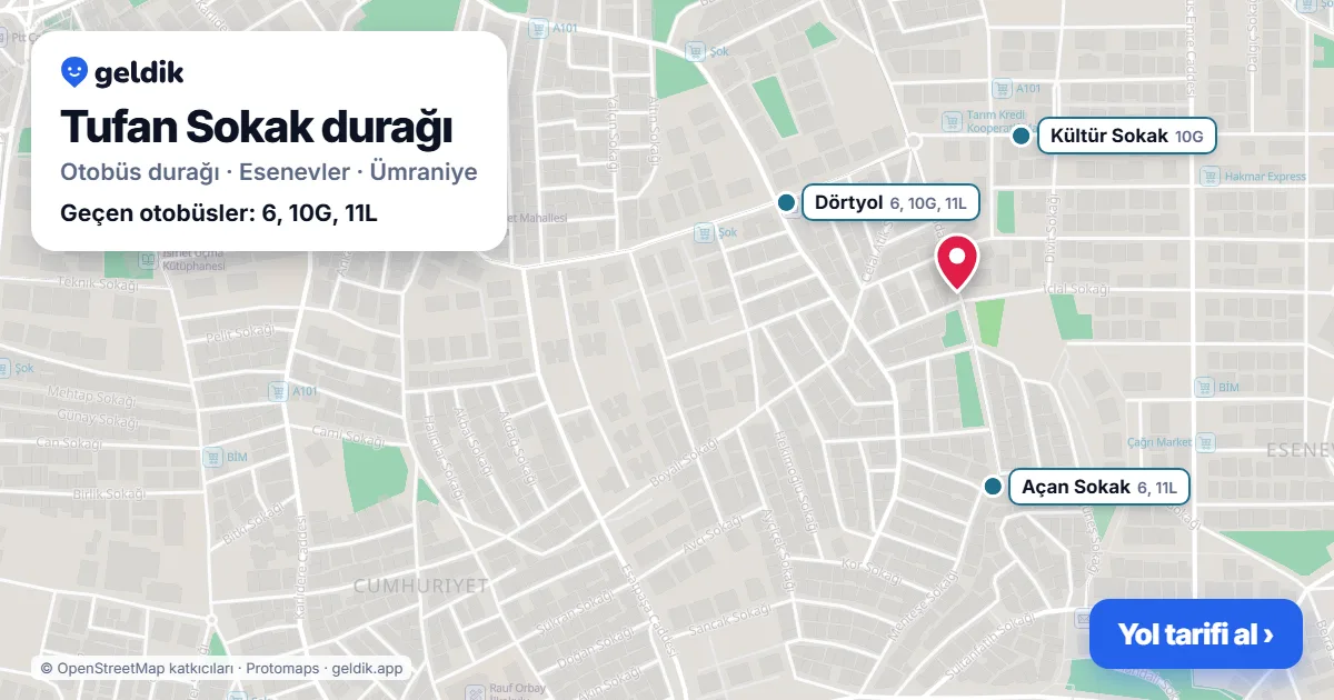 Tufan Sokak otobüs durağı haritada: konumu ve yakındaki duraklar
