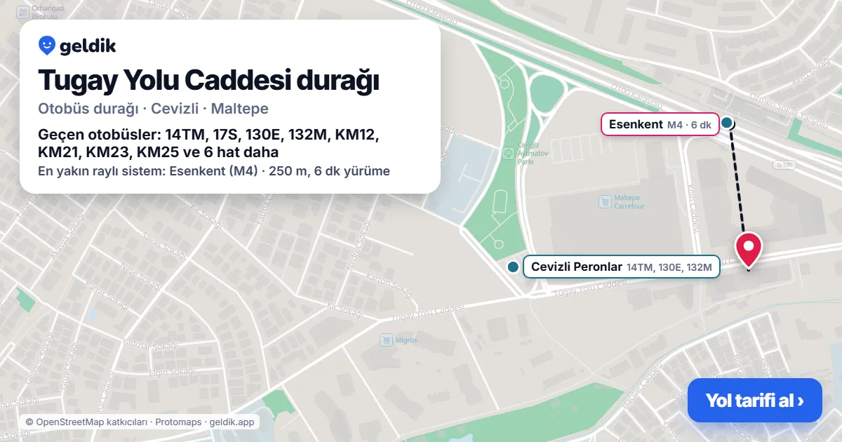 Tugay Yolu Caddesi otobüs durağı haritada: konumu ve yakındaki duraklar