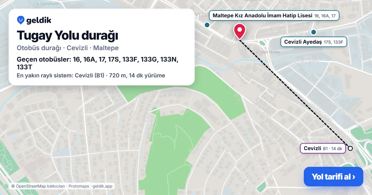 Tugay Yolu otobüs durağı haritada: konumu ve yakındaki duraklar