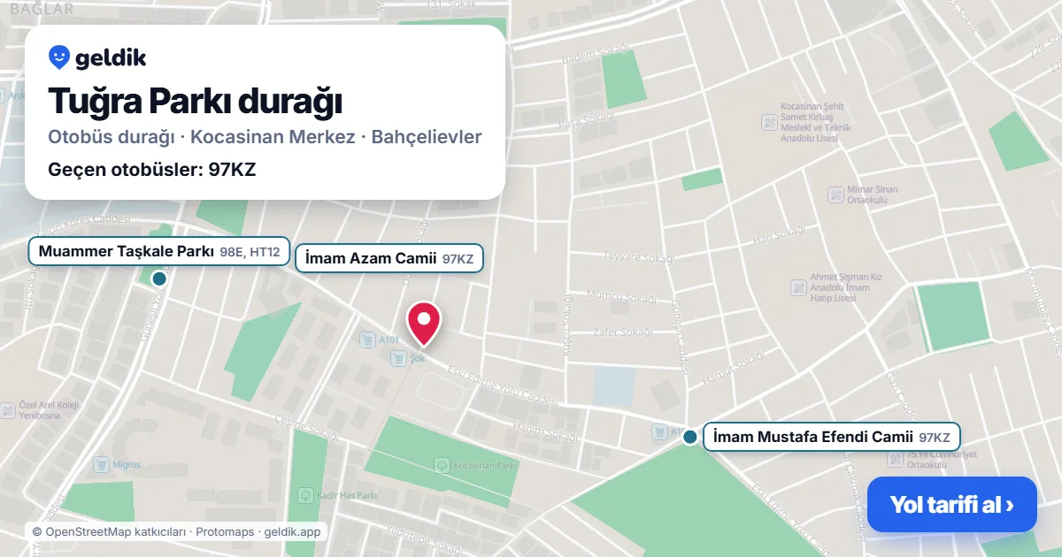 Tuğra Parkı otobüs durağı haritada: konumu ve yakındaki duraklar