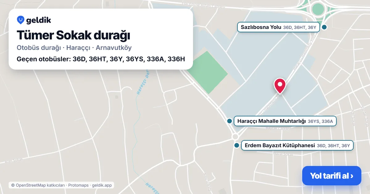 Tümer Sokak otobüs durağı haritada: konumu ve yakındaki duraklar