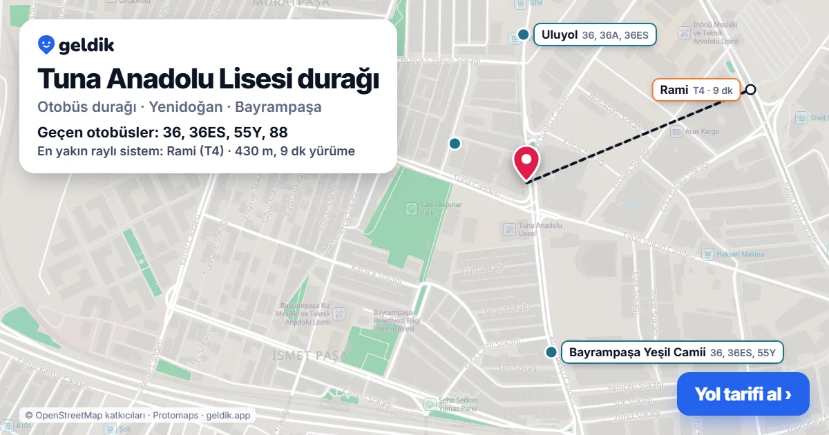 Tuna Anadolu Lisesi otobüs durağı haritada: konumu ve yakındaki duraklar