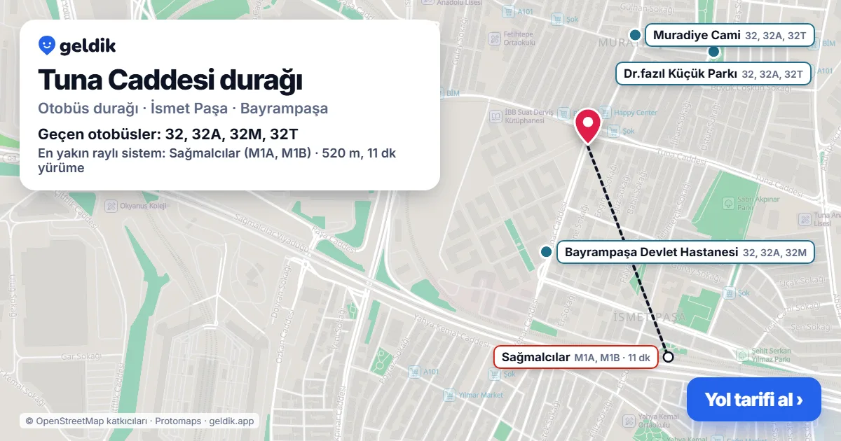Tuna Caddesi otobüs durağı haritada: konumu ve yakındaki duraklar