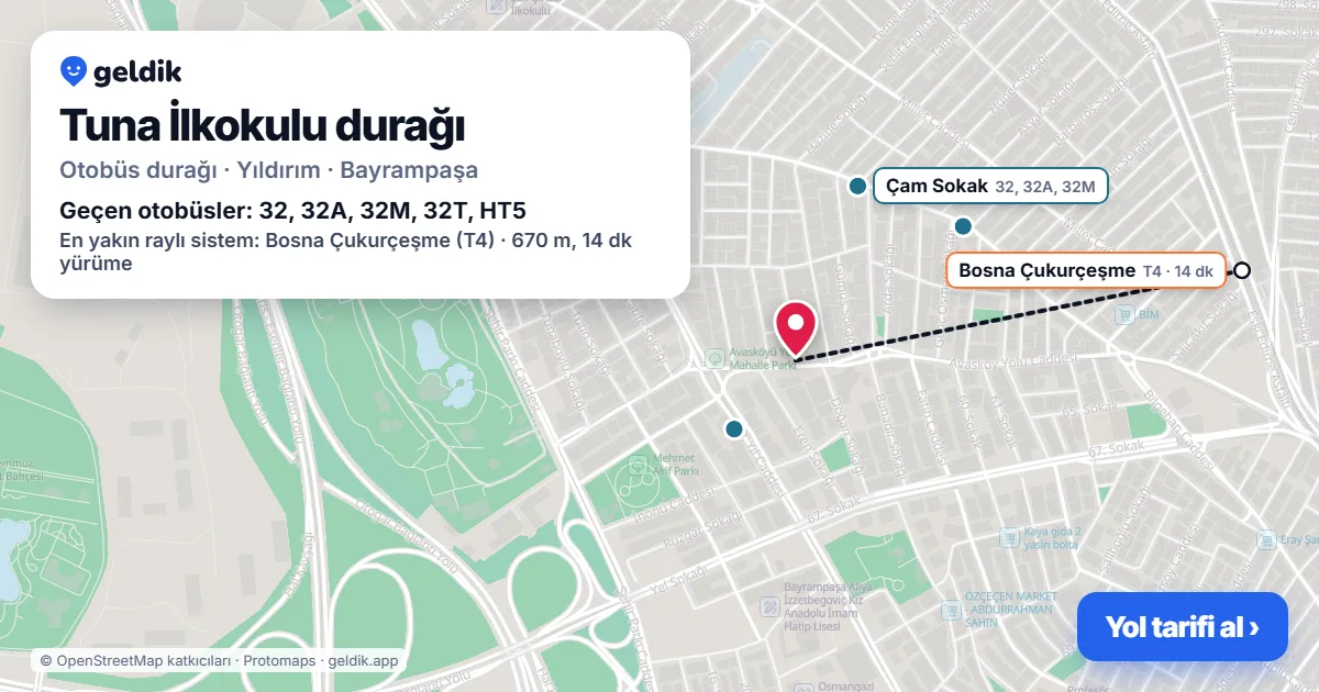Tuna İlkokulu otobüs durağı haritada: konumu ve yakındaki duraklar