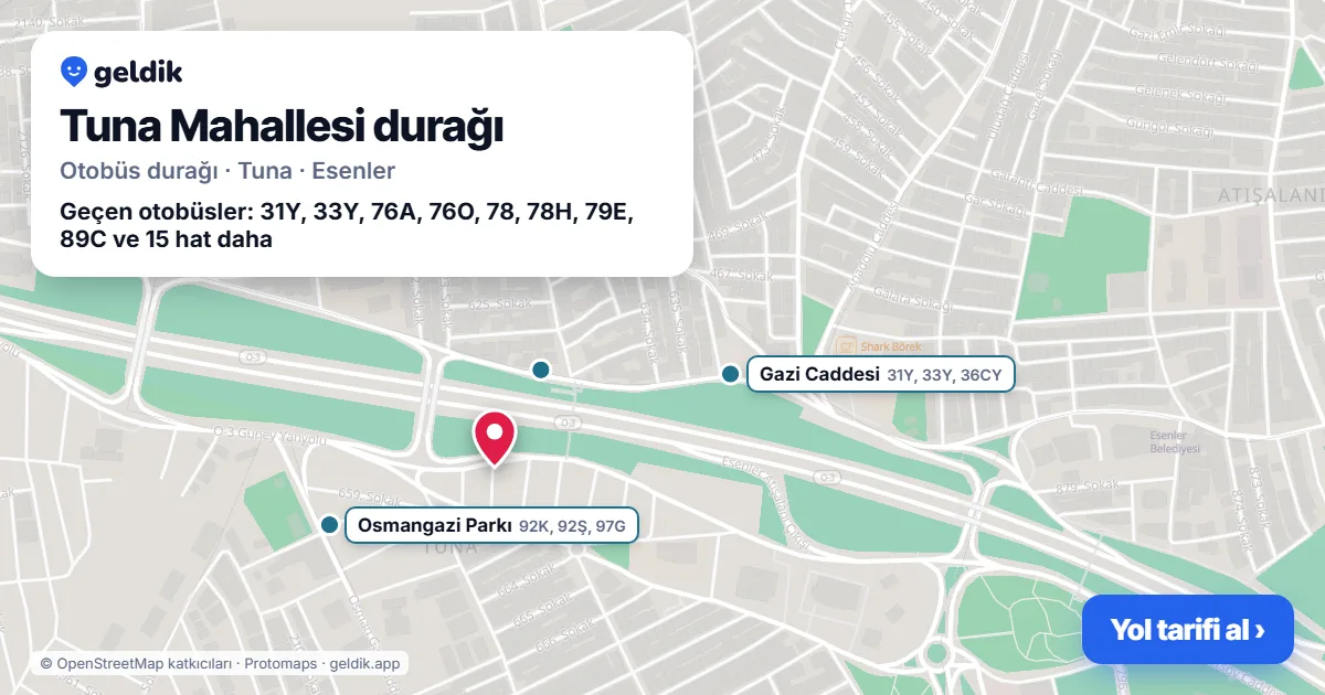 Tuna Mahallesi otobüs durağı haritada: konumu ve yakındaki duraklar