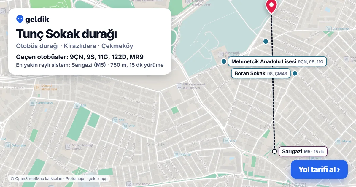 Tunç Sokak otobüs durağı haritada: konumu ve yakındaki duraklar
