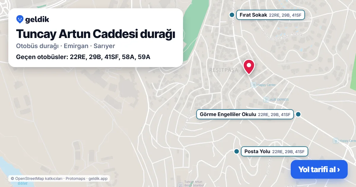 Tuncay Artun Caddesi otobüs durağı haritada: konumu ve yakındaki duraklar