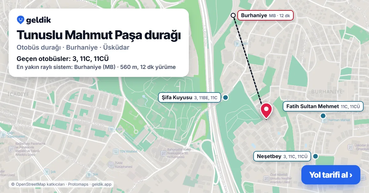 Tunuslu Mahmut Paşa otobüs durağı haritada: konumu ve yakındaki duraklar
