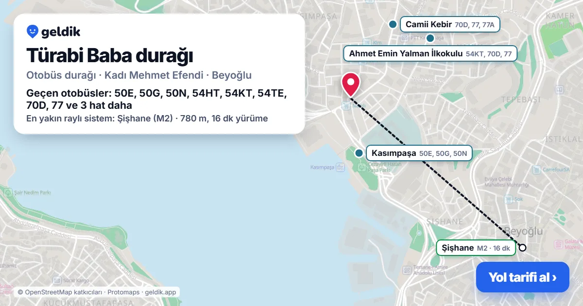 Türabi Baba otobüs durağı haritada: konumu ve yakındaki duraklar
