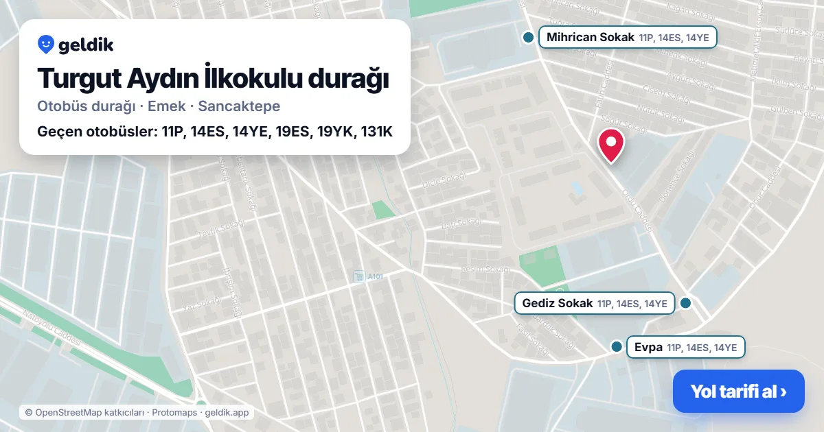 Turgut Aydın İlkokulu otobüs durağı haritada: konumu ve yakındaki duraklar