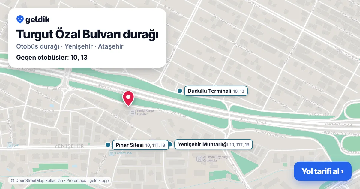 Turgut Özal Bulvarı otobüs durağı haritada: konumu ve yakındaki duraklar