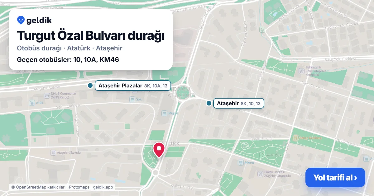 Turgut Özal Bulvarı otobüs durağı haritada: konumu ve yakındaki duraklar