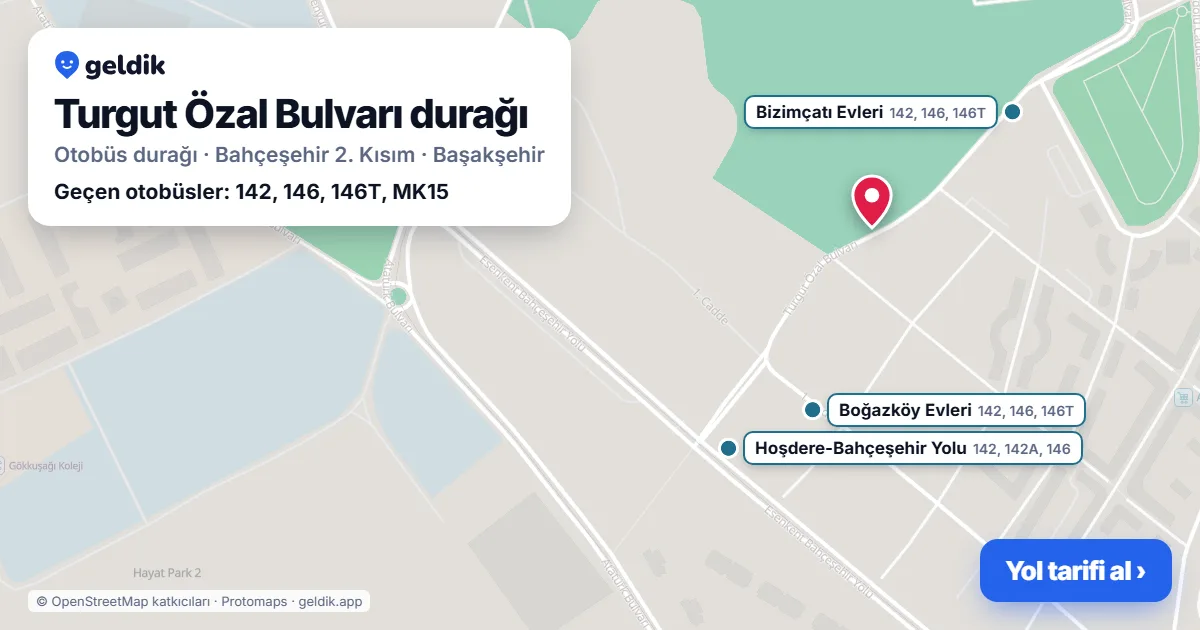 Turgut Özal Bulvarı otobüs durağı haritada: konumu ve yakındaki duraklar