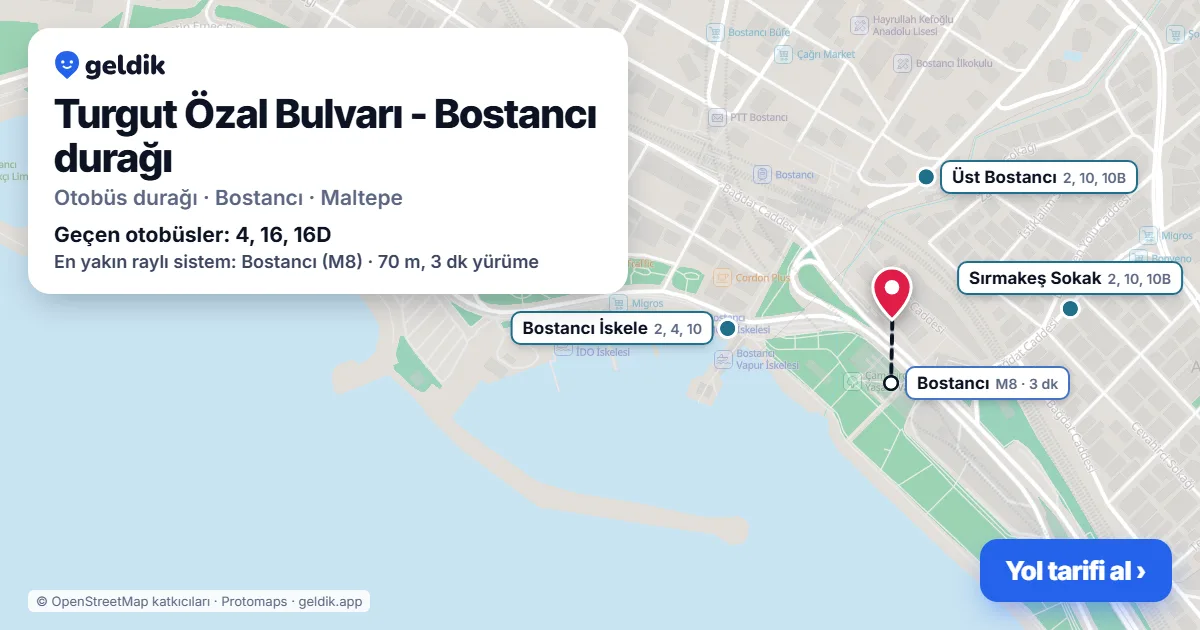 Turgut Özal Bulvarı - Bostancı otobüs durağı haritada: konumu ve yakındaki duraklar