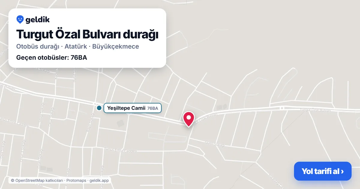 Turgut Özal Bulvarı otobüs durağı haritada: konumu ve yakındaki duraklar