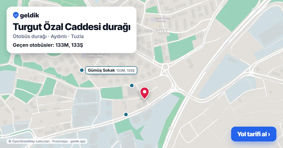 Turgut Özal Caddesi otobüs durağı haritada: konumu ve yakındaki duraklar