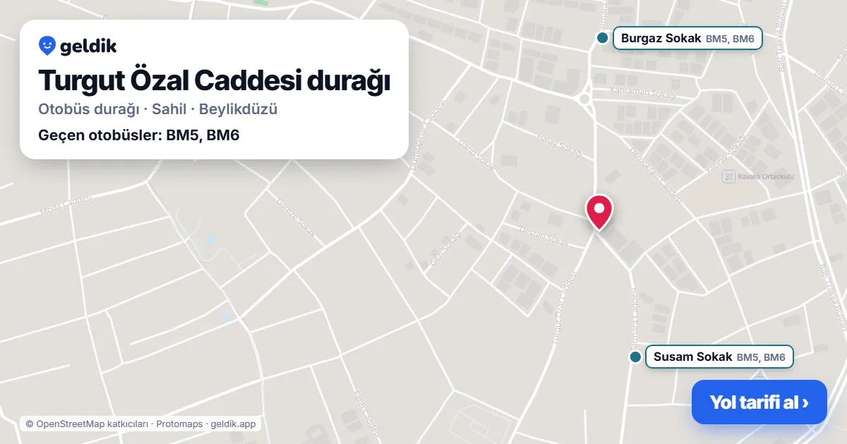 Turgut Özal Caddesi otobüs durağı haritada: konumu ve yakındaki duraklar