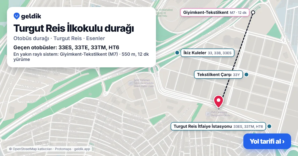 Turgut Reis İlkokulu otobüs durağı haritada: konumu ve yakındaki duraklar