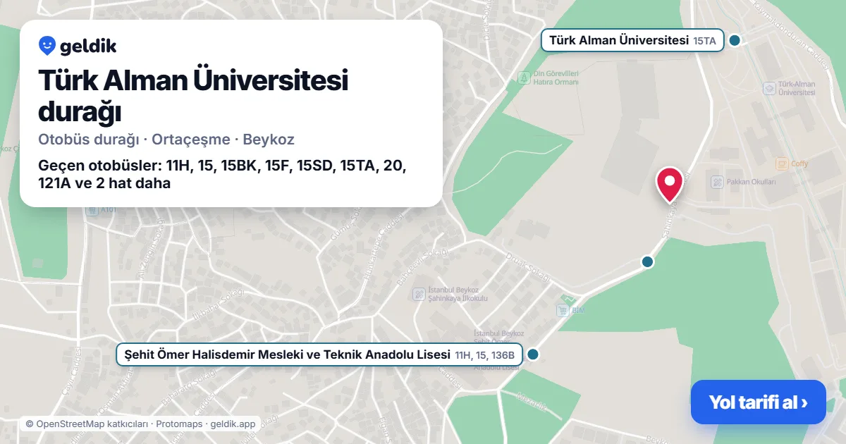 Türk Alman Üniversitesi otobüs durağı haritada: konumu ve yakındaki duraklar