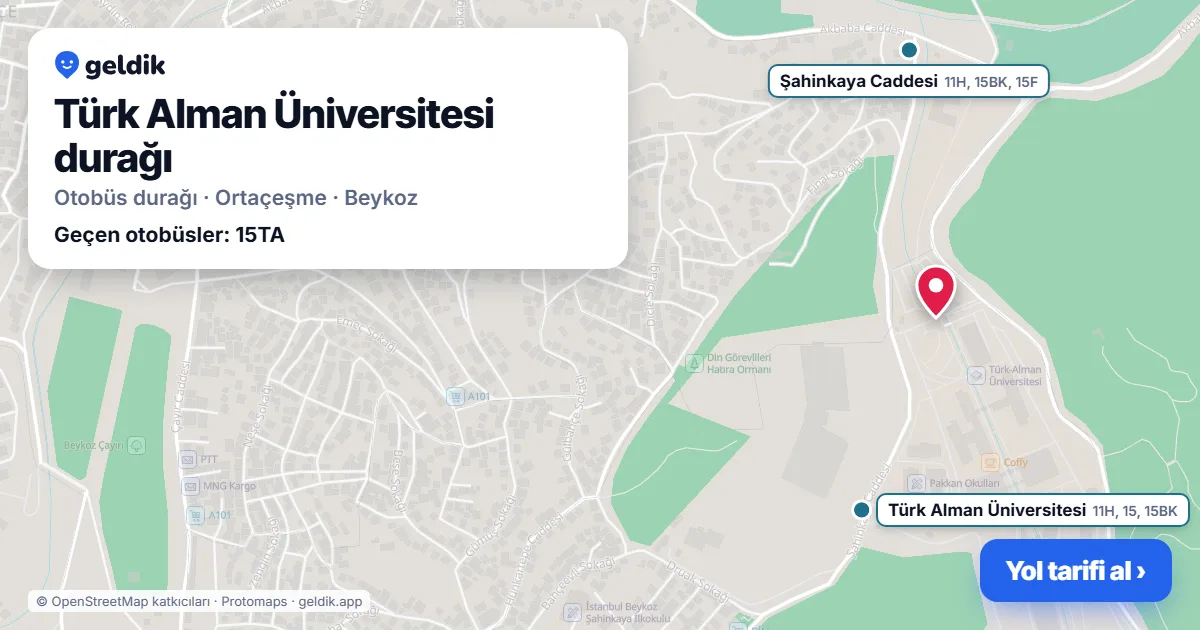 Türk Alman Üniversitesi otobüs durağı haritada: konumu ve yakındaki duraklar