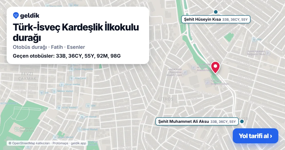 Türk-İsveç Kardeşlik İlkokulu otobüs durağı haritada: konumu ve yakındaki duraklar