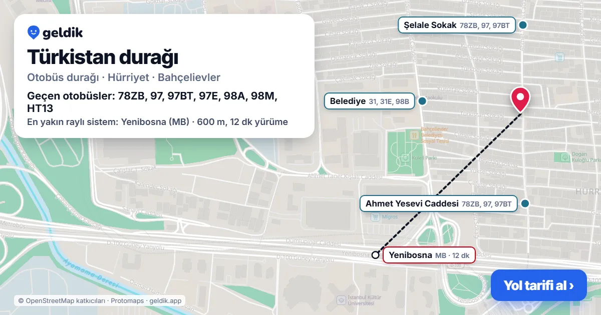 Türkistan otobüs durağı haritada: konumu ve yakındaki duraklar