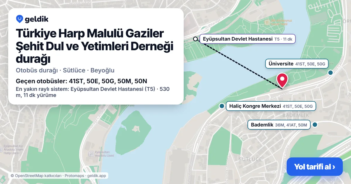 Türkiye Harp Malulü Gaziler Şehit Dul ve Yetimleri Derneği otobüs durağı haritada: konumu ve yakındaki duraklar