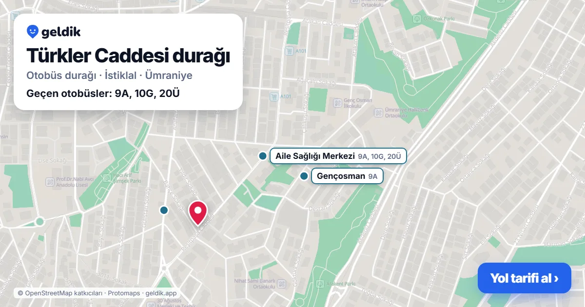 Türkler Caddesi otobüs durağı haritada: konumu ve yakındaki duraklar