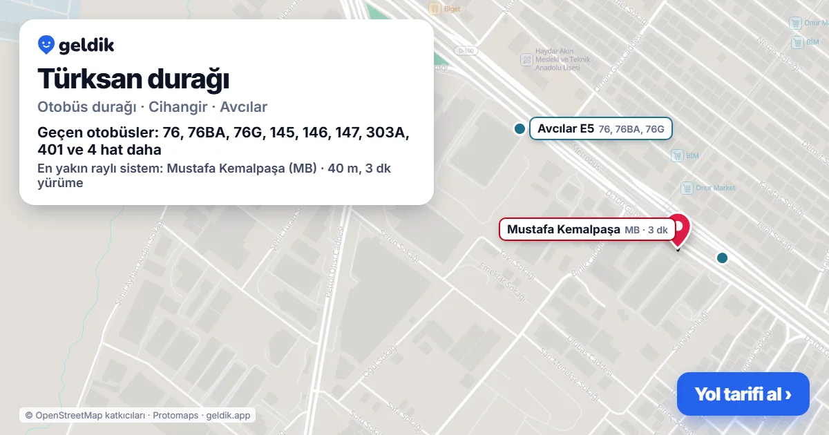 Türksan otobüs durağı haritada: konumu ve yakındaki duraklar