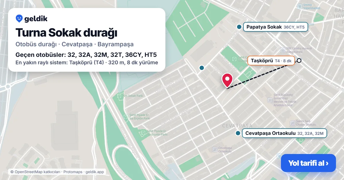 Turna Sokak otobüs durağı haritada: konumu ve yakındaki duraklar