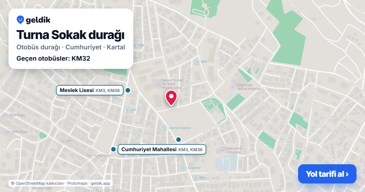 Turna Sokak otobüs durağı haritada: konumu ve yakındaki duraklar