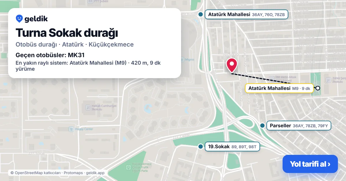 Turna Sokak otobüs durağı haritada: konumu ve yakındaki duraklar