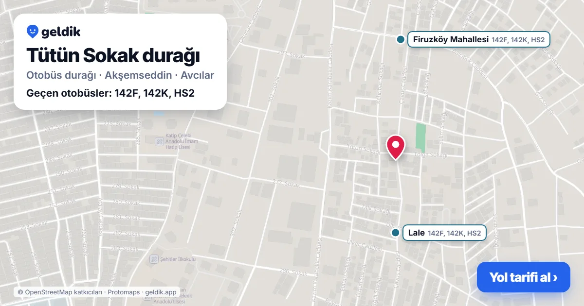Tütün Sokak otobüs durağı haritada: konumu ve yakındaki duraklar