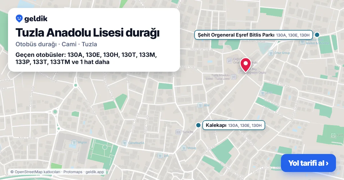 Tuzla Anadolu Lisesi otobüs durağı haritada: konumu ve yakındaki duraklar