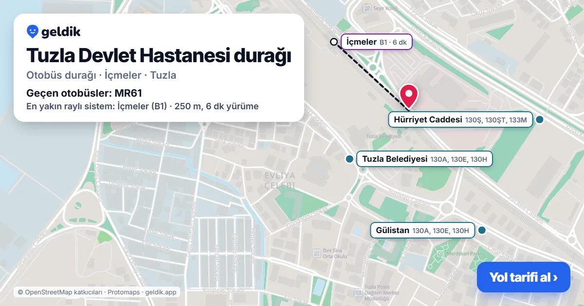 Tuzla Devlet Hastanesi otobüs durağı haritada: konumu ve yakındaki duraklar
