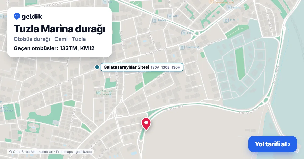 Tuzla Marina otobüs durağı haritada: konumu ve yakındaki duraklar