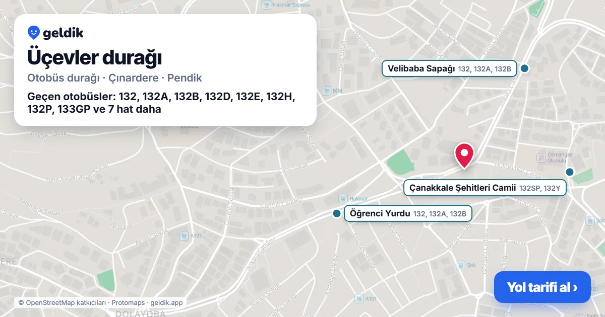 Üçevler otobüs durağı haritada: konumu ve yakındaki duraklar