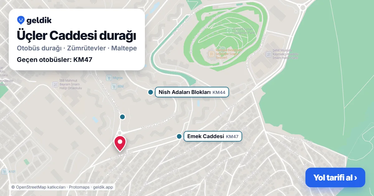 Üçler Caddesi otobüs durağı haritada: konumu ve yakındaki duraklar