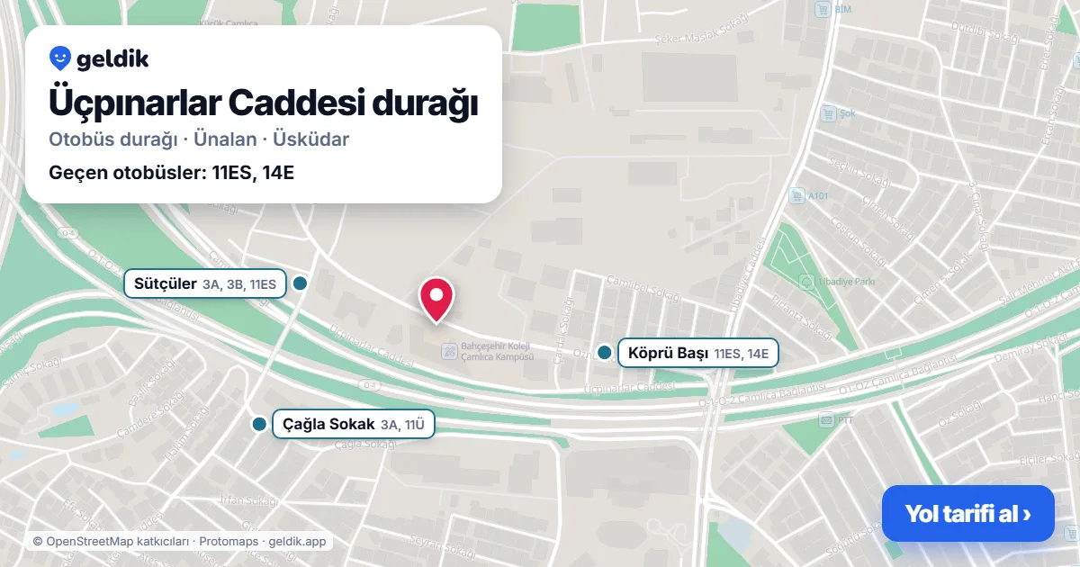 Üçpınarlar Caddesi otobüs durağı haritada: konumu ve yakındaki duraklar