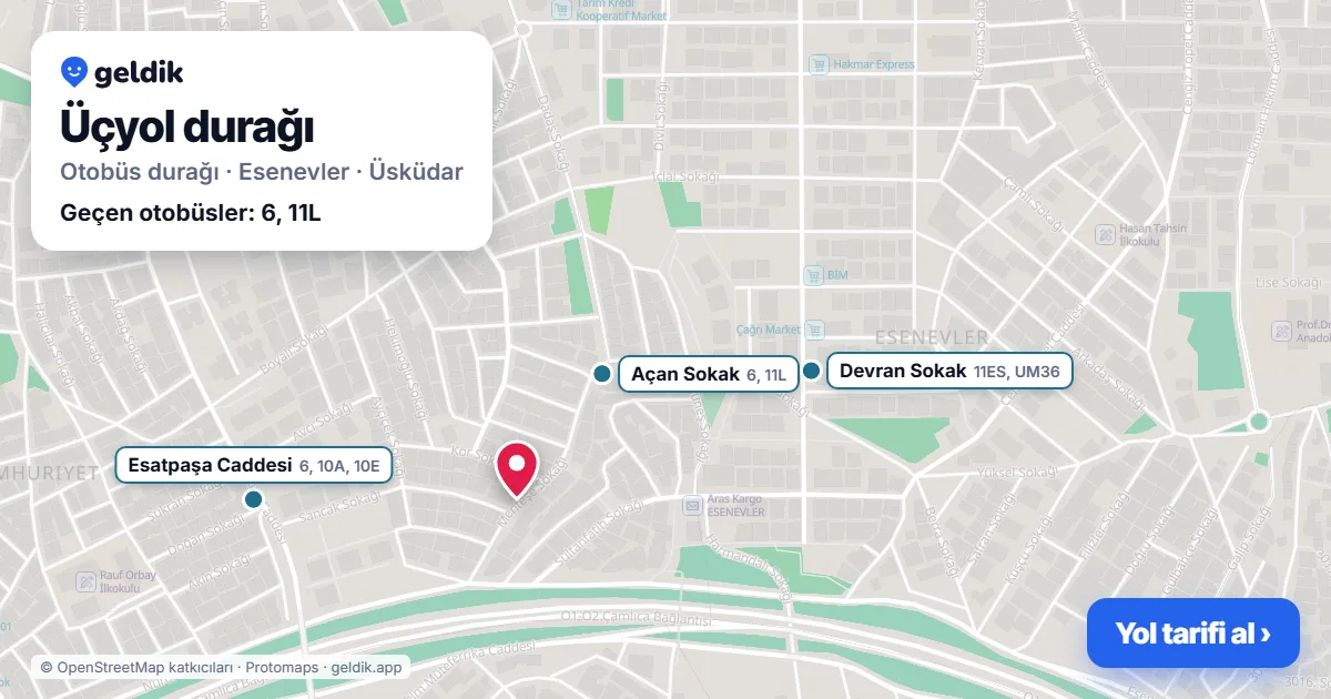 Üçyol otobüs durağı haritada: konumu ve yakındaki duraklar