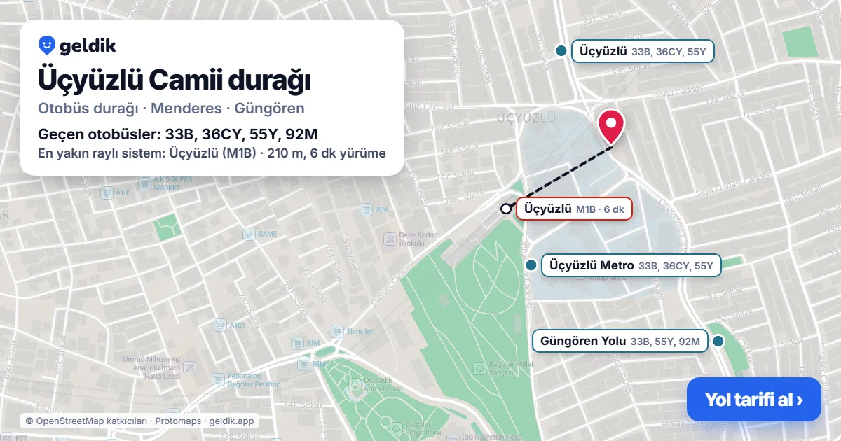 Üçyüzlü Camii otobüs durağı haritada: konumu ve yakındaki duraklar