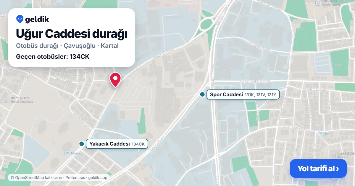 Uğur Caddesi otobüs durağı haritada: konumu ve yakındaki duraklar