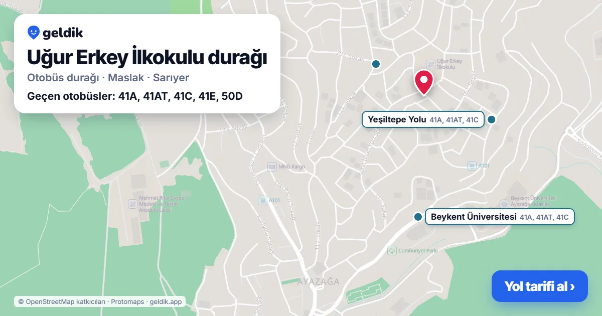 Uğur Erkey İlkokulu otobüs durağı haritada: konumu ve yakındaki duraklar