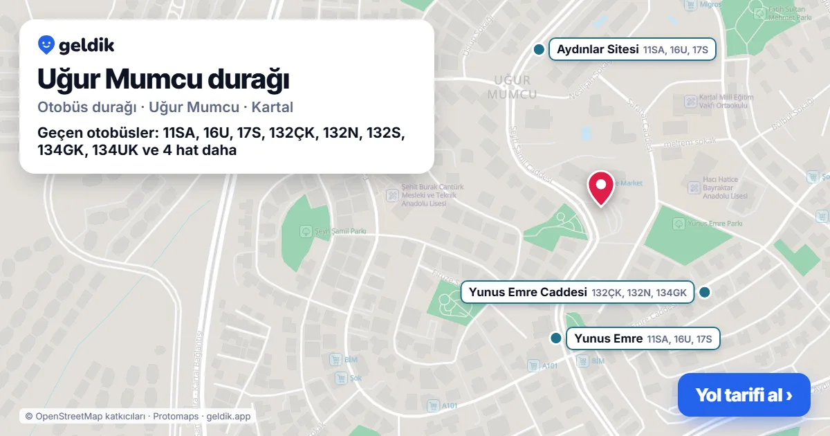 Uğur Mumcu otobüs durağı haritada: konumu ve yakındaki duraklar