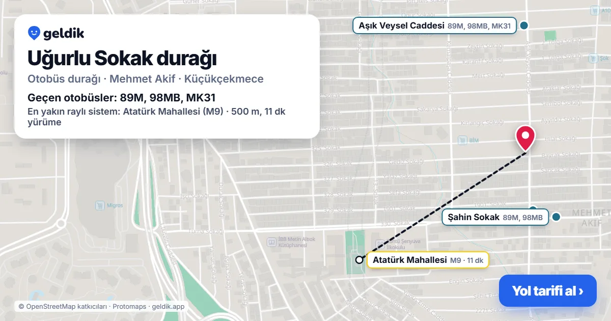 Uğurlu Sokak otobüs durağı haritada: konumu ve yakındaki duraklar