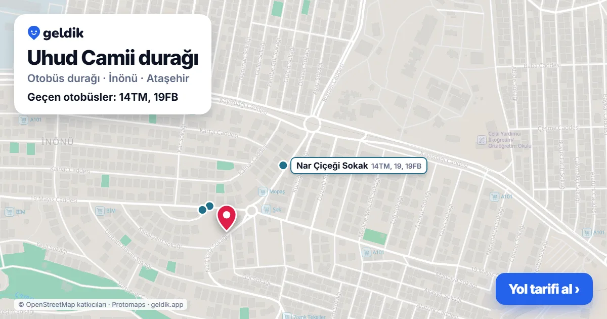 Uhud Camii otobüs durağı haritada: konumu ve yakındaki duraklar