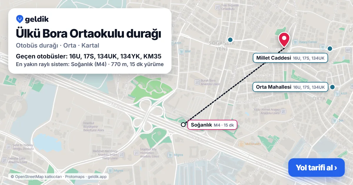 Ülkü Bora Ortaokulu otobüs durağı haritada: konumu ve yakındaki duraklar