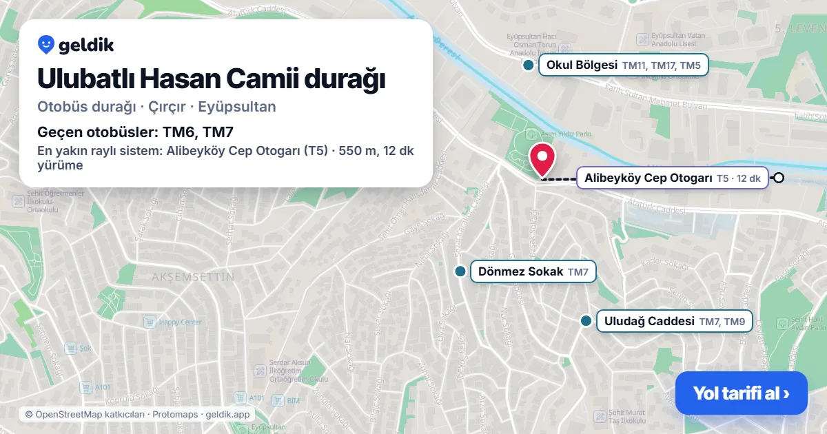 Ulubatlı Hasan Camii otobüs durağı haritada: konumu ve yakındaki duraklar