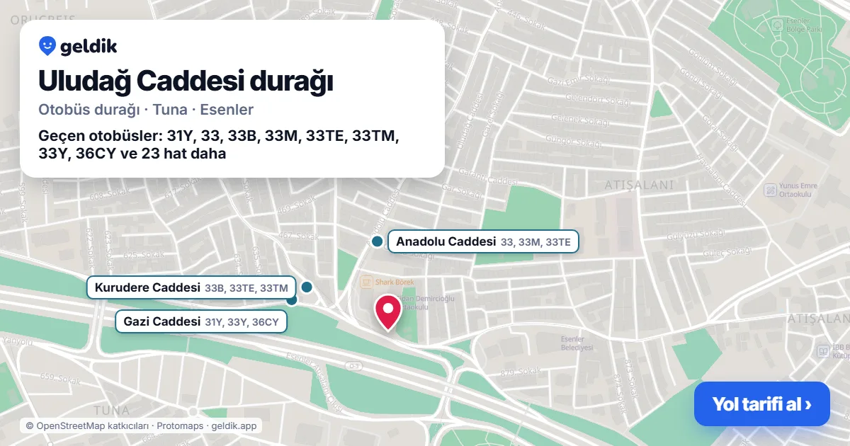 Uludağ Caddesi otobüs durağı haritada: konumu ve yakındaki duraklar